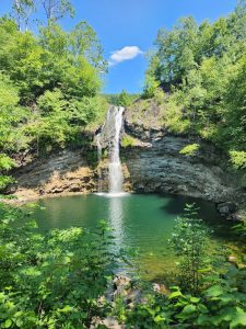 Cascading waterfall surrounded by lush green forest and rocky terrain at Hinckston Run Falls near Johnstown, Pennsylvania.